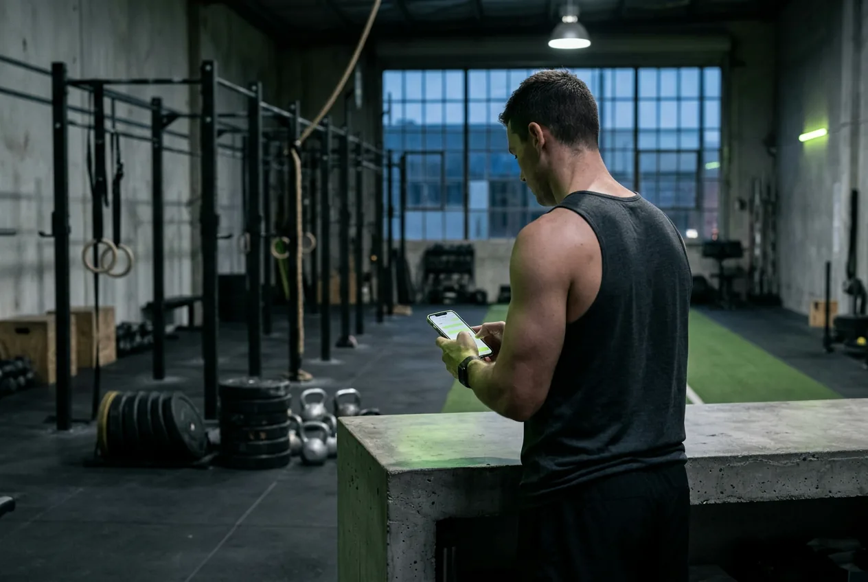 Gym owner replying to a new trial enquiry on their phone at the front desk of an Australian gym
